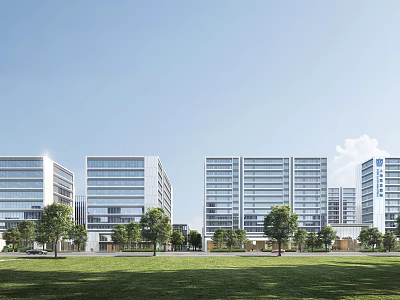 Modern Industrial Park With High-Rise Buildings Green Lawns And Trees 3d model