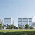 Modern Industrial Park With High-Rise Buildings Green Lawns And Trees