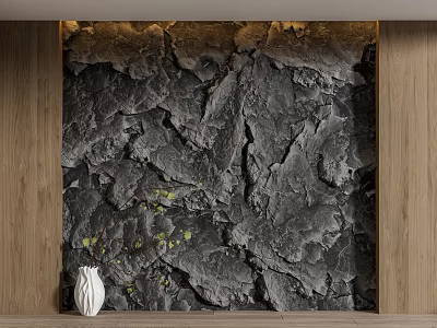 Dark Textured Background Wall With Natural Stone Texture Wooden Frame And White Vase 3d model