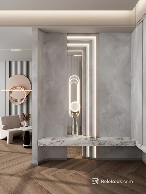 Modern Entryway Hallway With LED Strip Lights Wall Mirror Marble Shelf And Circular Decor 3d model 