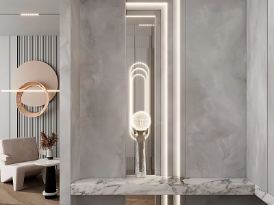 Modern Entryway Hallway With LED Strip Lights Wall Mirror Marble Shelf And Circular Decor 3d model