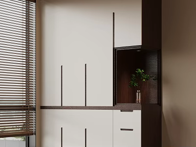 Modern White And Dark Brown Wardrobe With Open Shelf Plant Drawers And Blinds 3d model