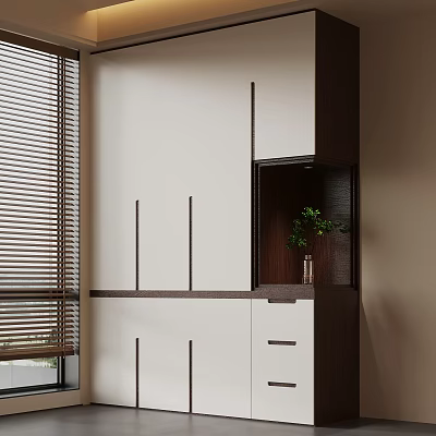 Modern White And Dark Brown Wardrobe With Open Shelf Plant Drawers And Blinds 3d model