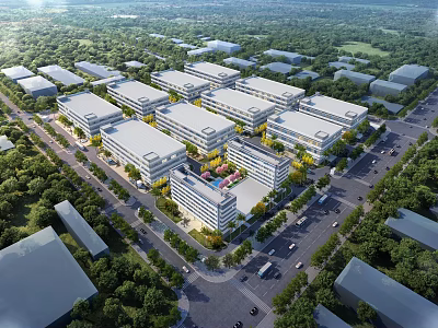 Aerial View Planning Of Modern Tech Park With Greenery And Roads 3d model