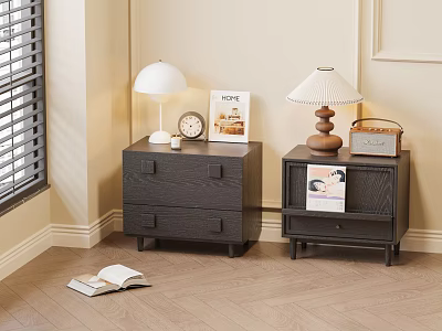 Dark Wooden Bedside Tables with Table Lamps Alarm Clock Books and Radio in Modern Bedroom 3d model