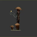 Nature Inspired Wooden Character With Conical Hat Green Cloth Sash And Small Mushrooms