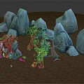 Whimsical Cartoon Scene With Blue Rocks Red Trunk Trees Green Leaves Brown Ground Colorful Details