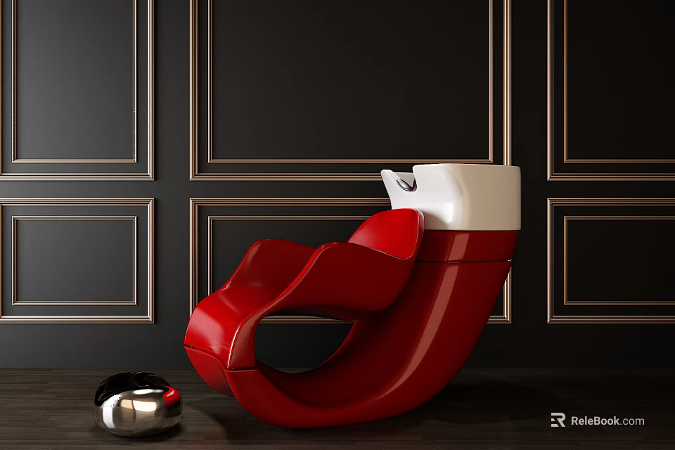 Red Massage Chair Against Black Wall With Gold Lines Accompanied By Silver Object 3d model 