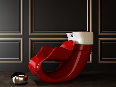 Red Massage Chair Against Black Wall With Gold Lines Accompanied By Silver Object 3d model