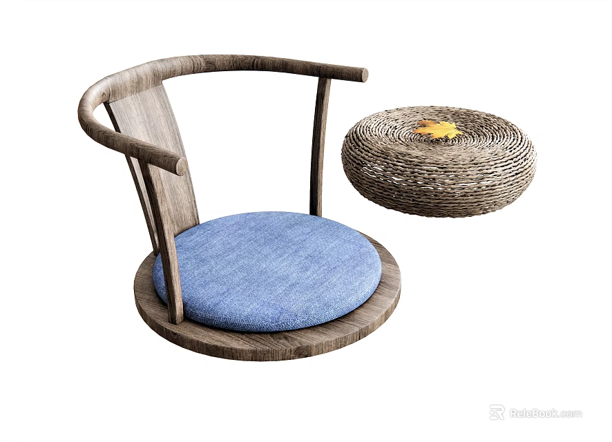 Modern Wooden Frame Leisure Chair With Blue Fabric Cushion And Woven Ottoman 3d model 