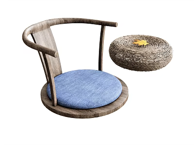 Modern Wooden Frame Leisure Chair With Blue Fabric Cushion And Woven Ottoman 3d model