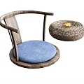 Modern Wooden Frame Leisure Chair With Blue Fabric Cushion And Woven Ottoman