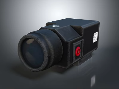 Black Optical Device Featuring Large Lens Red Button And Label On Gray Background 3d model
