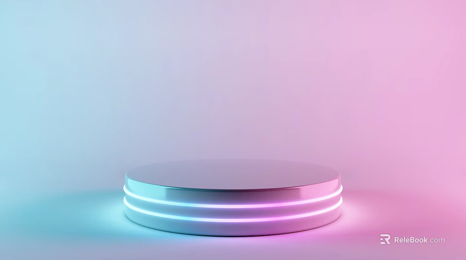 Circular Display Platform with Neon Light Stripes on Blue Pink Gradient Background 3d model 