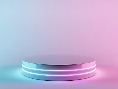 Circular Display Platform with Neon Light Stripes on Blue Pink Gradient Background 3d model
