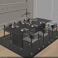 Dining Table And Chairs Set With Black Table White Cushioned Seats Tableware And Vase 3d model