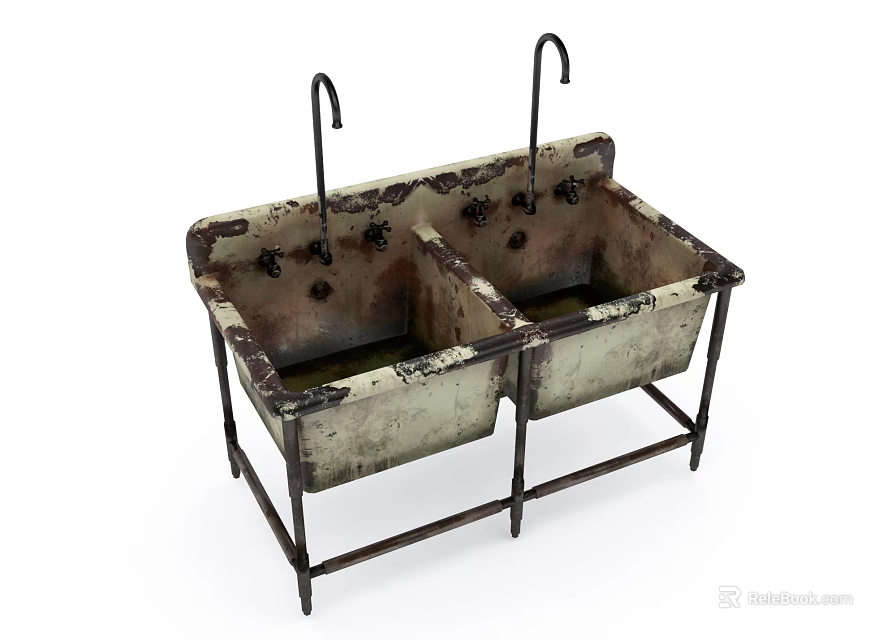 Vintage Double Washbasin With Metal Stand Textured Surface And Two Faucets 3d model 