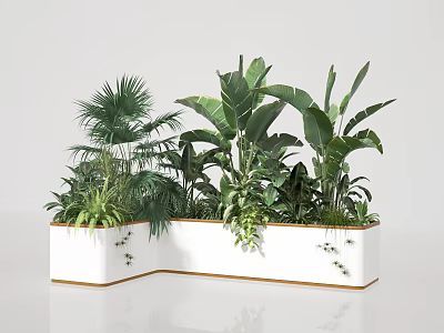 Indoor Plant Combination In White L Shaped Planter With Tropical Green Leaves 3d model