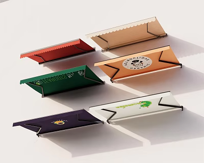 Various Colored Outdoor Awnings With Unique Logos Diverse Designs And Durable Fabric 3d model