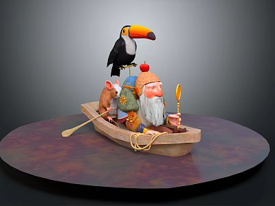 3D Character Scene Featuring Gnome In Boat With Toucan Mouse Apple And Paddle 3d model