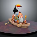 3D Character Scene Featuring Gnome In Boat With Toucan Mouse Apple And Paddle