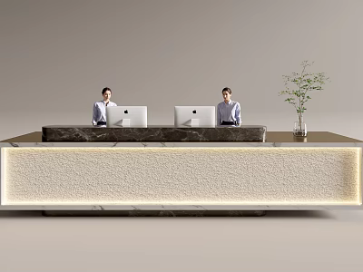 Modern Front Desk Reception Area With Staff Laptops And Potted Plant 3d model