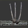 Wooden Tree Trunks And Stone Wall Natural Decorative Display With Grass And Moss