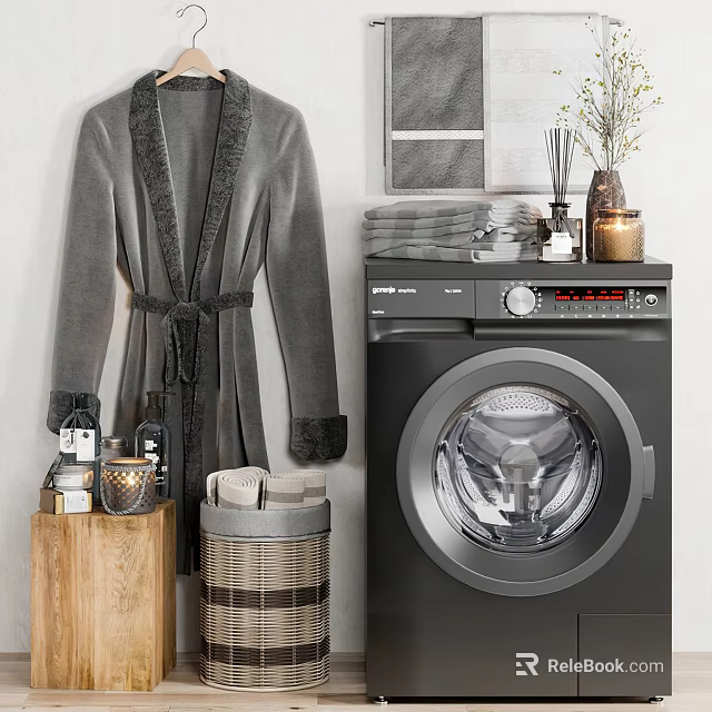 Black Front Load Washing Machine With Gray Robe Laundry Basket Wooden Table And Towels 3d model 
