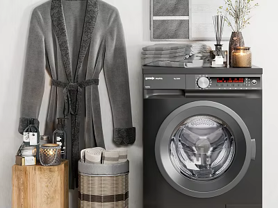 Black Front Load Washing Machine With Gray Robe Laundry Basket Wooden Table And Towels 3d model