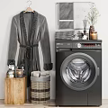 Black Front Load Washing Machine With Gray Robe Laundry Basket Wooden Table And Towels