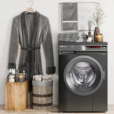 Black Front Load Washing Machine With Gray Robe Laundry Basket Wooden Table And Towels 3d model