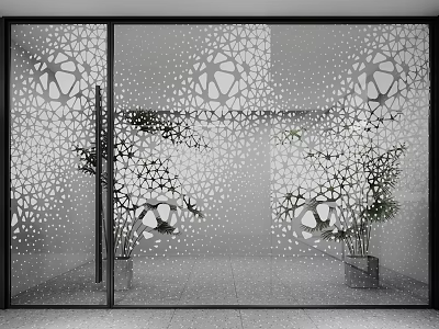 Modern Glass Door with Geometric Cutout Pattern and Indoor Green Plants Design 3d model
