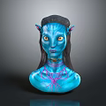 Fictional Alien Character With Blue Skin Pointed Ears Long Black Hair And Chest Patterns