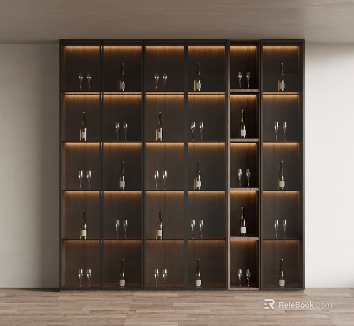 Modern Wine Cabinet With Glass Doors Multiple Shelves Wine Bottles Wine Glasses And LED Lighting 3d model 
