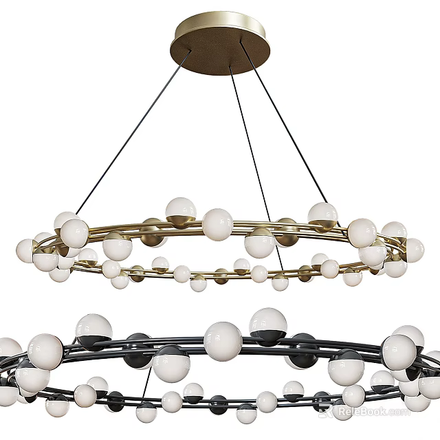 Modern Chandelier Featuring Golden Circular Frame and White Spherical Bulbs for Interior Decor 3d model