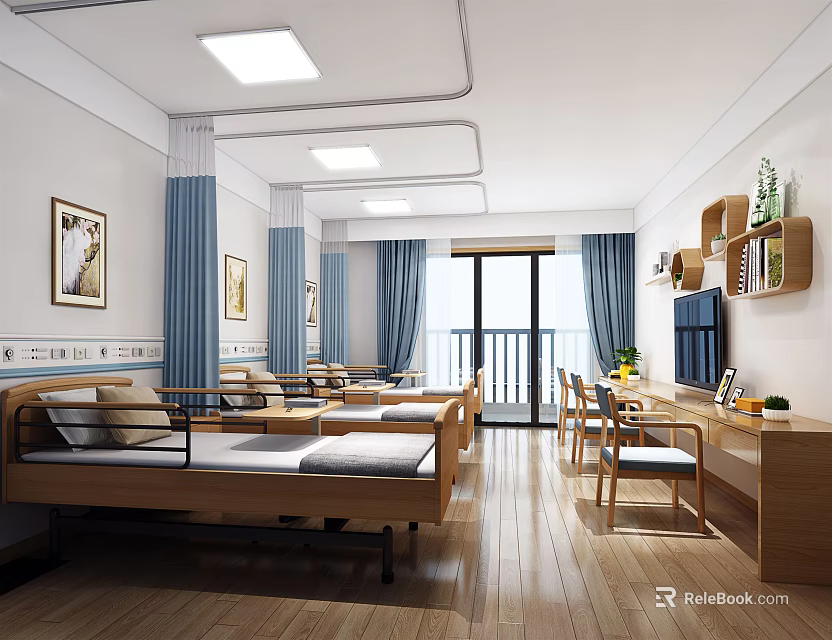 Modern Medical Ward Interior With Wooden Bed Tables Blue Curtains And Decorative Paintings 3d model 