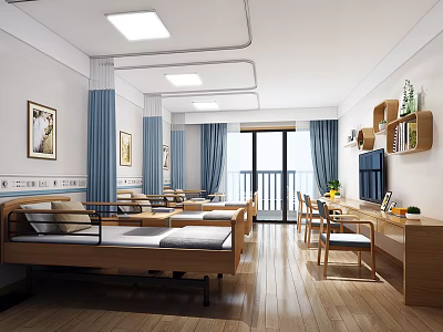 Modern Medical Ward Interior With Wooden Bed Tables Blue Curtains And Decorative Paintings 3d model