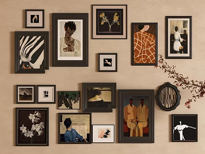 Gallery Wall With Diverse Framed Artworks Portraits Abstract Prints And Orchid Painting 3d model