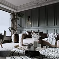 Modern Living Room With Green Paneled Walls Chandelier Beige Sofa Gray Armchair And Round Rug