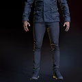Futuristic Warrior Character With Biomechanical Samurai Helmet Horns Glowing Eyes Dark Coat Buttons Pockets