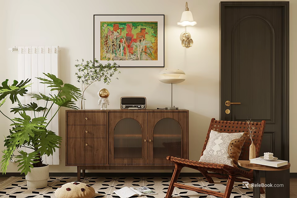 Modern Wooden Entryway Console Cabinet And Sideboard With Decorative Painting Green Plant And Wicker Chair 3d model 