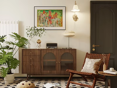 Modern Wooden Entryway Console Cabinet And Sideboard With Decorative Painting Green Plant And Wicker Chair 3d model