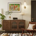 Modern Wooden Entryway Console Cabinet And Sideboard With Decorative Painting Green Plant And Wicker Chair