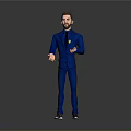 3D Character in Blue Business Suit Presenting on Grey Background
