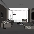 Modern Living Room Interior With Gray Sofa Accent Chair Floor Lamp TV Wall And Fireplace