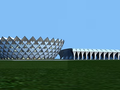 Modern Architecture Featuring Lotus Shaped Building Arched Corridor Green Lawn And Clear Blue Sky 3d model