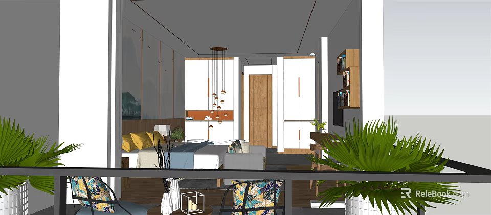 Modern Hotel Room Interior With Comfortable Bed Sofa Chandelier And Green Plants 3d model 