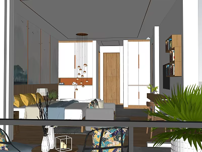 Modern Hotel Room Interior With Comfortable Bed Sofa Chandelier And Green Plants 3d model