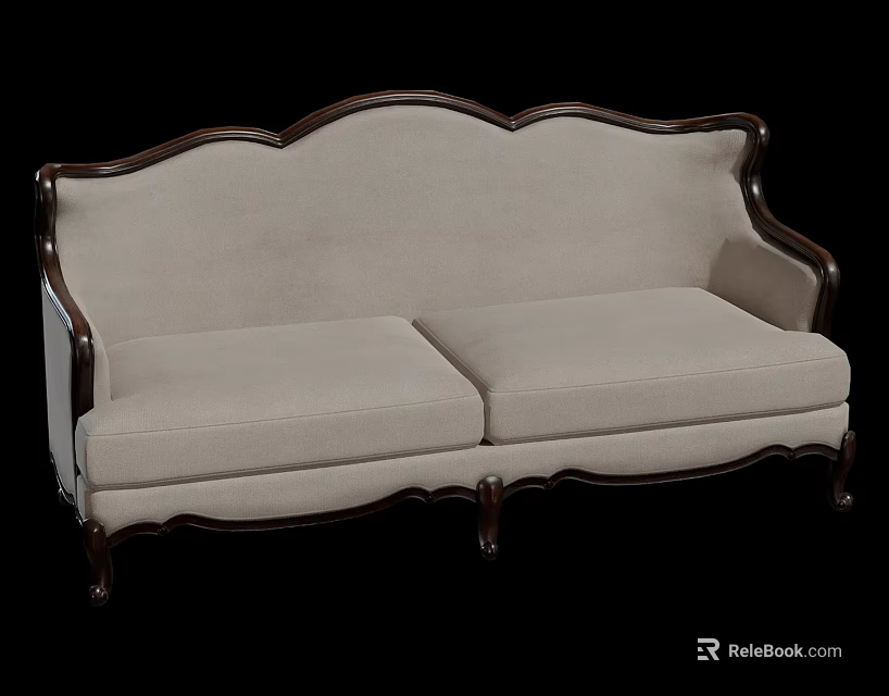 Beige Two Seater Sofa With Dark Wooden Carved Frame And Classical Design 3d model 