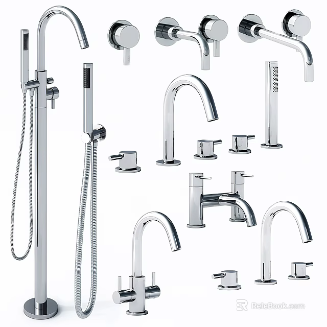 Modern Chrome Kitchen Bathroom and Shower Faucets with Various Design Styles 3d model 